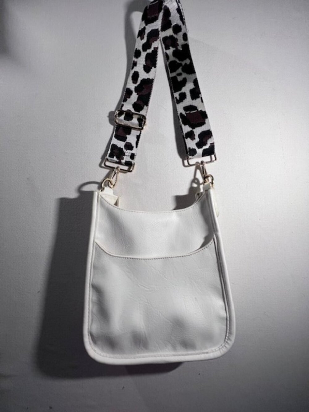 Ah-DORNED White crossbody vegan leather mini messenger bag w/ animal print strap